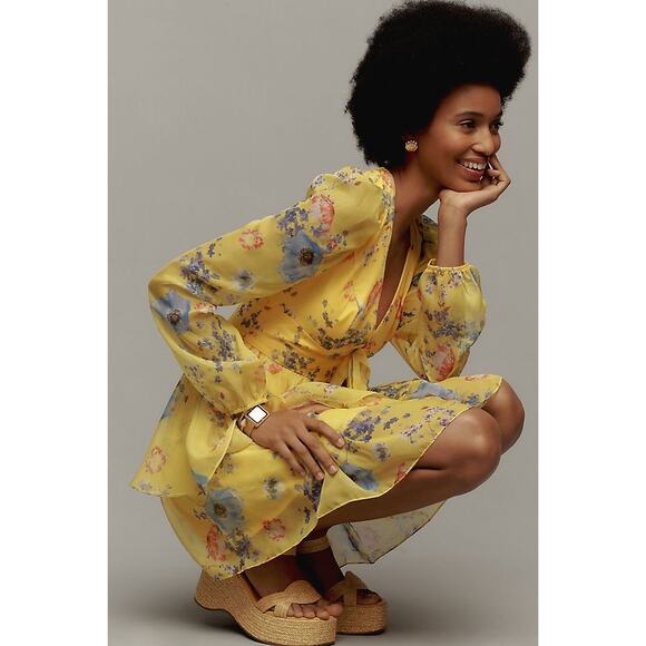 Mac Duggal Long-Sleeve V-Neck Mini Dress Anthropologie Yellow Printed Floral - Picture 11 of 12